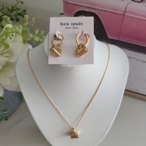 Kate Spade Gold Handbag Pendant Necklace & Earrings Set With Gift Bag! New!